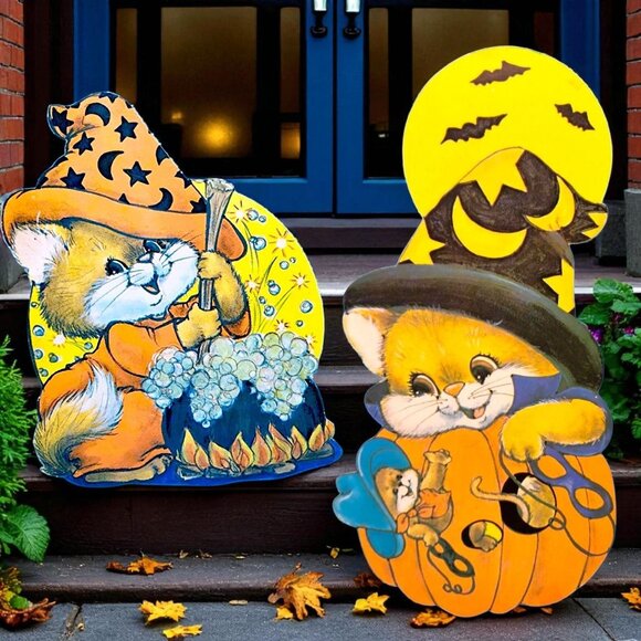 Vintage Witch Cat 1960s Flocked Double Sided Halloween Die Cut Cauldron 2 Pc Set - Picture 1 of 8